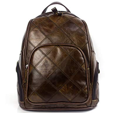 Crazy Horse Genuine Leather Stitching Plaid Backpack Multi Pockets Travel bag