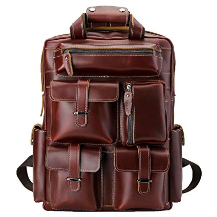 Polare Mens Handcrafted Real Leather Vintage Laptop Backpack Shoulder Bag Travel Bag Large